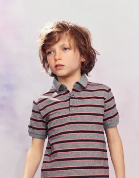 Polo gris foncé à rayures noires et roses garçon